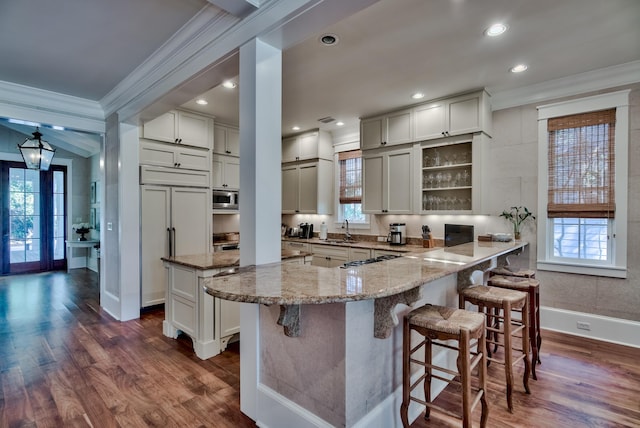 kitchen with built in appliances, plenty of natural light, and dark wood-type flooring