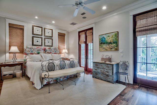 bedroom featuring ceiling fan, access to exterior, ornamental molding, wood-type flooring, and french doors