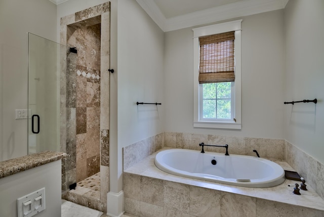 bathroom with independent shower and bath and crown molding