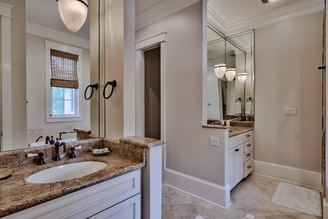 bathroom featuring crown molding, double vanity, and tile flooring