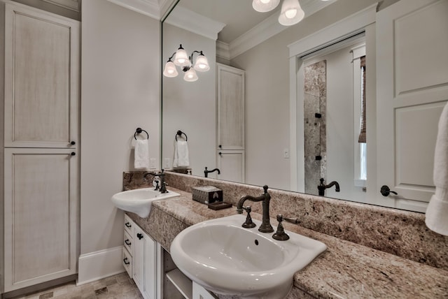 bathroom with tile flooring, double sink vanity, and ornamental molding