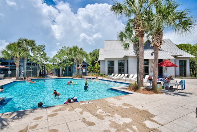 view of swimming pool with a patio