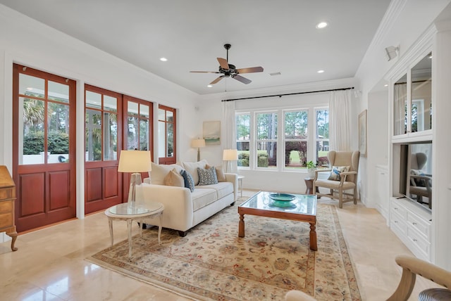 living room featuring recessed lighting, crown molding, and a ceiling fan