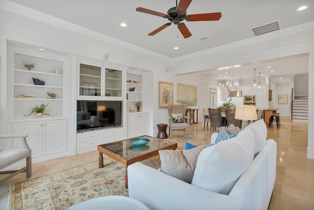 living area with visible vents, stairway, built in shelves, and ornamental molding