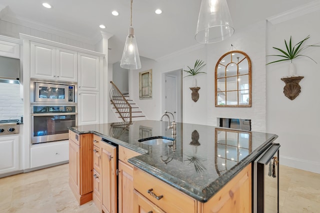 kitchen featuring beverage cooler, stainless steel appliances, crown molding, and a sink