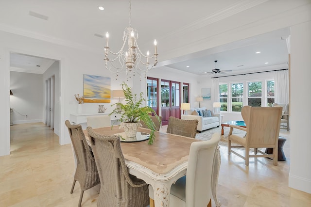 dining room with recessed lighting, ceiling fan with notable chandelier, crown molding, and baseboards