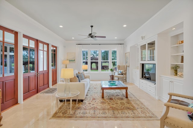 living area with built in features, a ceiling fan, ornamental molding, and recessed lighting