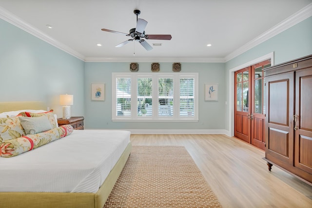 bedroom with recessed lighting, light wood-type flooring, baseboards, and ornamental molding