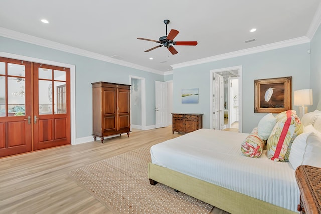 bedroom with recessed lighting, light wood finished floors, and ornamental molding