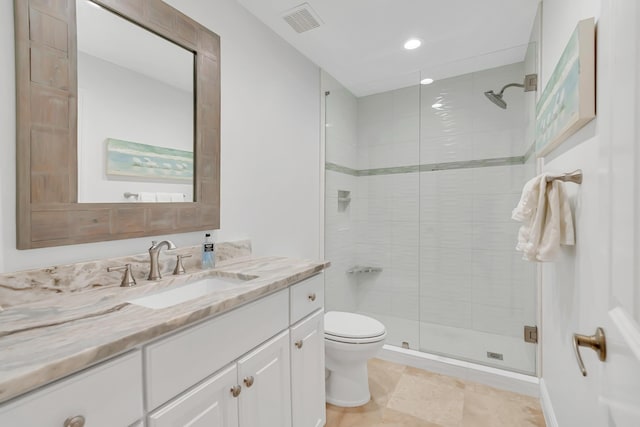 full bath with visible vents, toilet, recessed lighting, a stall shower, and vanity