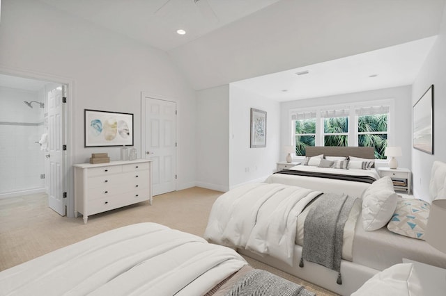 bedroom with baseboards, visible vents, lofted ceiling, recessed lighting, and light colored carpet