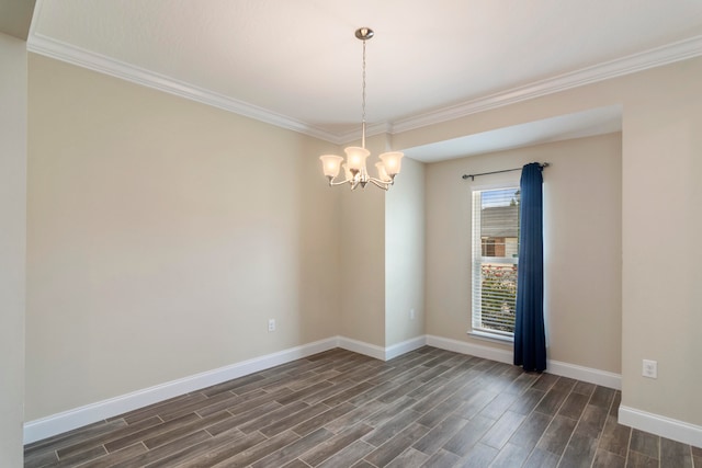 empty room with ornamental molding, a notable chandelier, and dark hardwood / wood-style flooring