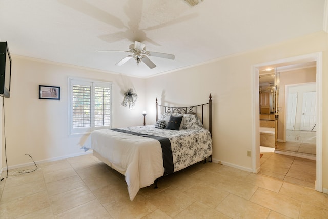 bedroom with ceiling fan, ornamental molding, and connected bathroom