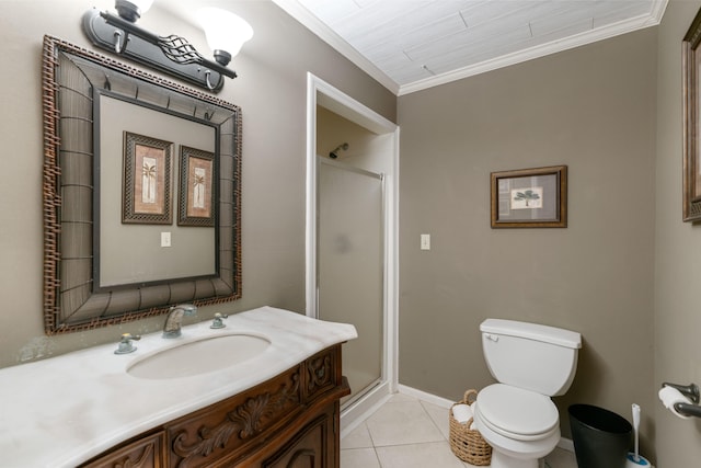 bathroom with tile patterned floors, walk in shower, ornamental molding, vanity, and toilet