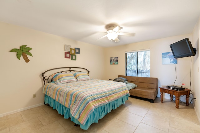 bedroom featuring ceiling fan and light tile patterned floors