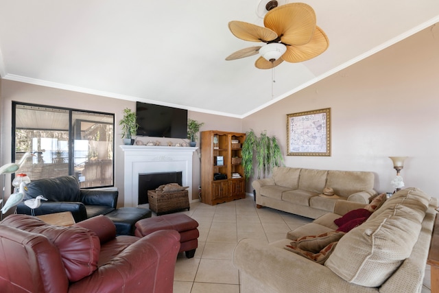 living room with light tile patterned floors, vaulted ceiling, ceiling fan, and crown molding