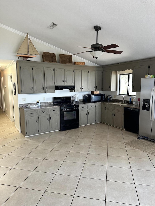 kitchen with gray cabinetry, sink, crown molding, vaulted ceiling, and black appliances