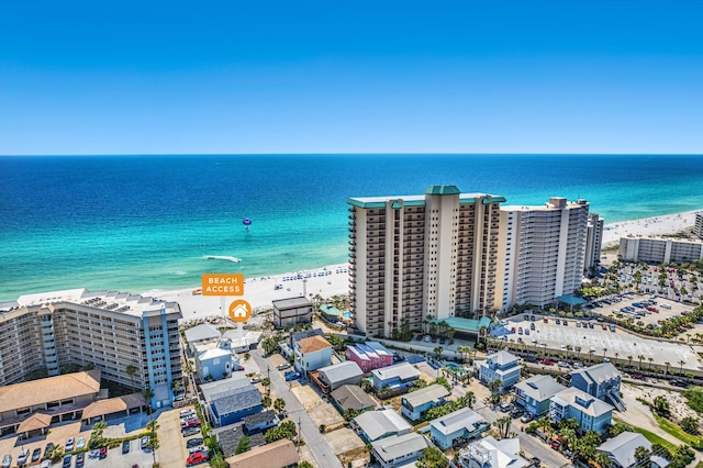 aerial view with a view of the beach and a water view