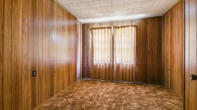 unfurnished room featuring carpet flooring and wooden walls