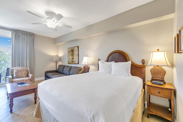 bedroom with ceiling fan and light tile floors