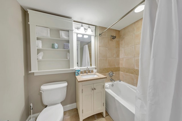 full bathroom with tile flooring, oversized vanity, toilet, and shower / bathtub combination with curtain