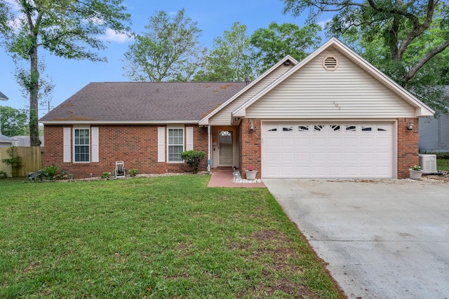 single story home with a garage, central AC unit, and a front lawn