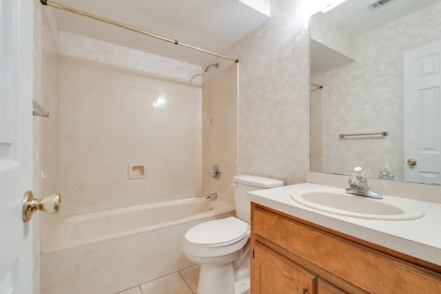 full bathroom featuring vanity with extensive cabinet space, tile flooring, shower / bath combination, toilet, and a textured ceiling