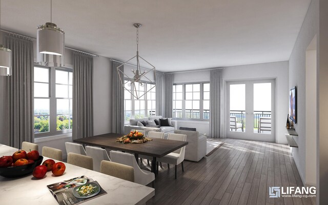 dining room featuring dark wood-type flooring and an inviting chandelier