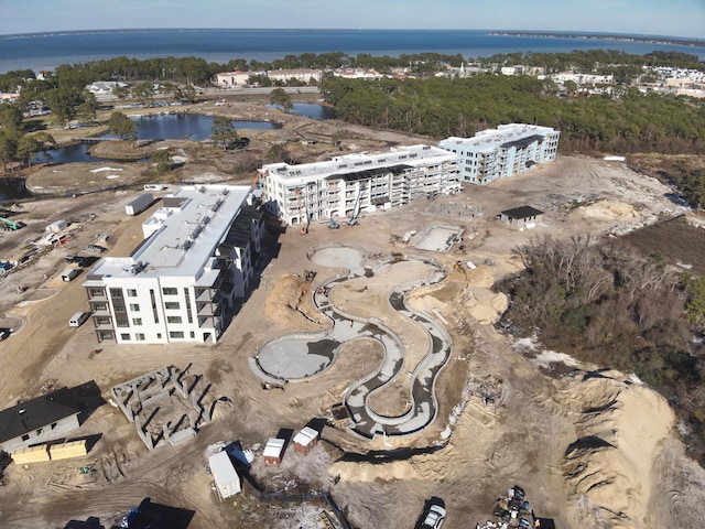 drone / aerial view featuring a water view