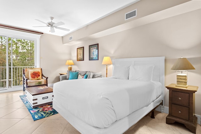 bedroom featuring access to exterior, ceiling fan, and light tile floors