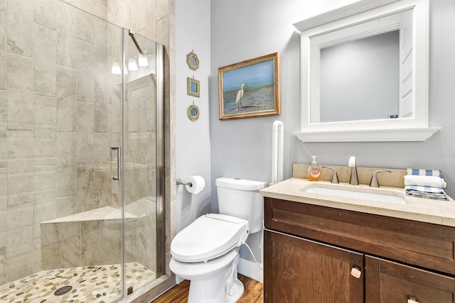 bathroom with wood-type flooring, vanity, toilet, and walk in shower