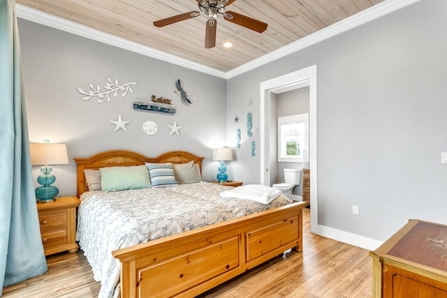 bedroom featuring ceiling fan, crown molding, wooden ceiling, connected bathroom, and light hardwood / wood-style floors