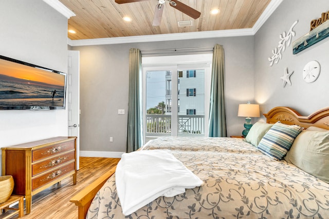 bedroom with access to outside, ceiling fan, wood ceiling, and light hardwood / wood-style floors