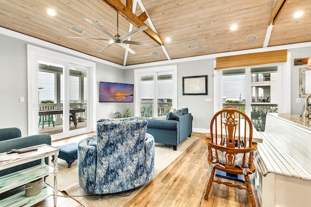 living room featuring ceiling fan, light wood-type flooring, wood ceiling, and french doors