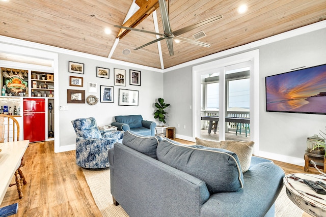 living room with ornamental molding, built in shelves, ceiling fan, hardwood / wood-style flooring, and wooden ceiling