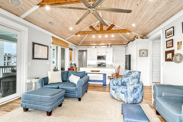 living room featuring lofted ceiling with beams, ornamental molding, wooden ceiling, and light wood-type flooring