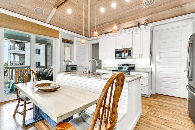 kitchen with light stone countertops, sink, decorative light fixtures, wood ceiling, and appliances with stainless steel finishes