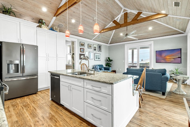 kitchen with appliances with stainless steel finishes, wood ceiling, sink, white cabinets, and an island with sink