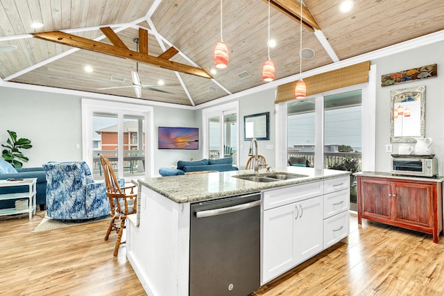 kitchen with stainless steel dishwasher, wood ceiling, a kitchen island with sink, and sink