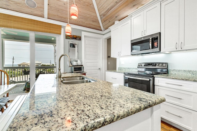 kitchen featuring white cabinetry, sink, wooden ceiling, hanging light fixtures, and appliances with stainless steel finishes