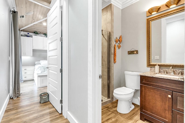 bathroom with vanity, hardwood / wood-style flooring, toilet, a shower with shower door, and wood ceiling