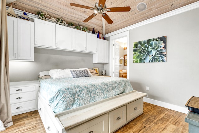 bedroom with ensuite bath, ceiling fan, light hardwood / wood-style flooring, and wooden ceiling