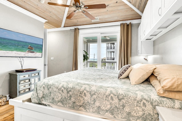 bedroom with light wood-type flooring, access to outside, ceiling fan, and wood ceiling