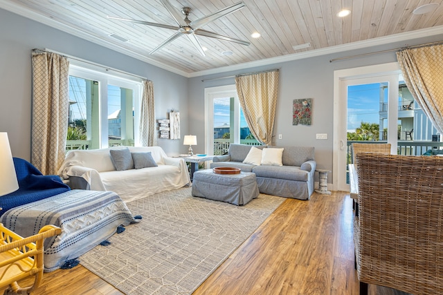 1235 Allen Loop Dr, Santa Rosa Beach, FL 32459 - living area featuring a ceiling fan, crown molding, wood ceiling, wood finished floors, and recessed lighting