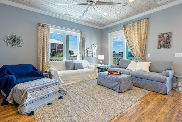 interior space featuring hardwood / wood-style flooring, ceiling fan, crown molding, and wood ceiling