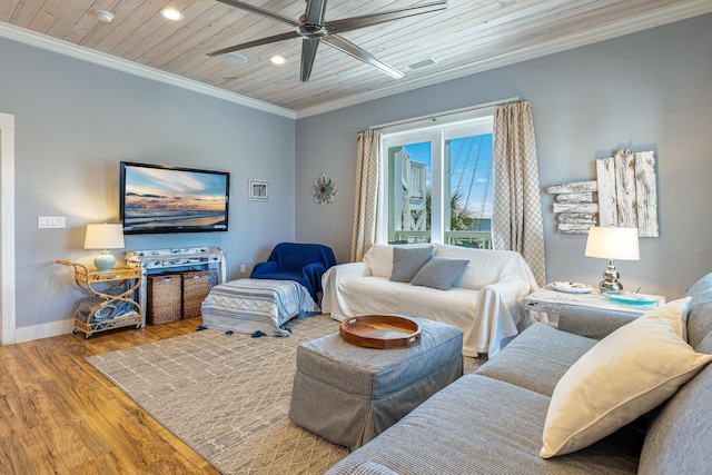 living room featuring ceiling fan, hardwood / wood-style floors, wood ceiling, and ornamental molding