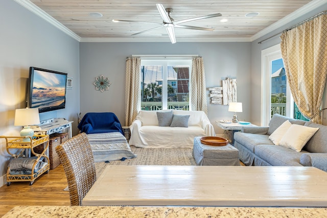 1235 Allen Loop Dr, Santa Rosa Beach, FL 32459 - living area featuring wood finished floors, ornamental molding, ceiling fan, recessed lighting, and wooden ceiling