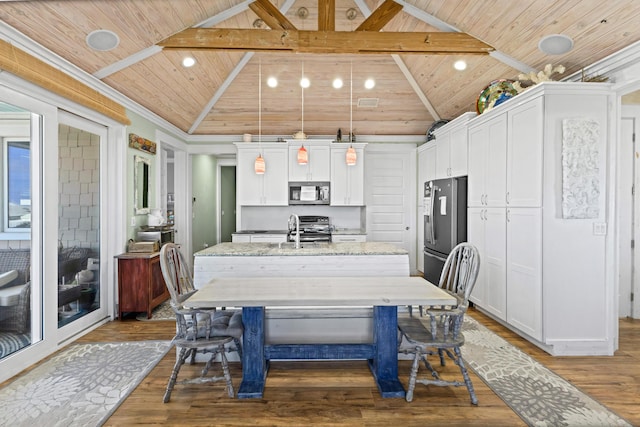 1235 Allen Loop Dr, Santa Rosa Beach, FL 32459 - dining area featuring a wooden ceiling with exposed beams, wood finished floors, high vaulted ceiling, and recessed lighting
