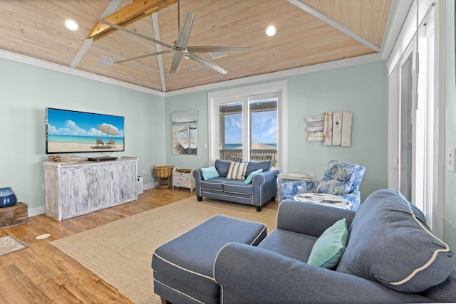 1235 Allen Loop Dr, Santa Rosa Beach, FL 32459 - living room featuring wood ceiling, a ceiling fan, wood finished floors, recessed lighting, and crown molding