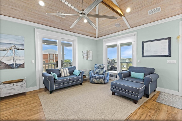 1235 Allen Loop Dr, Santa Rosa Beach, FL 32459 - living room with wood ceiling, wood finished floors, ceiling fan, recessed lighting, and lofted ceiling
